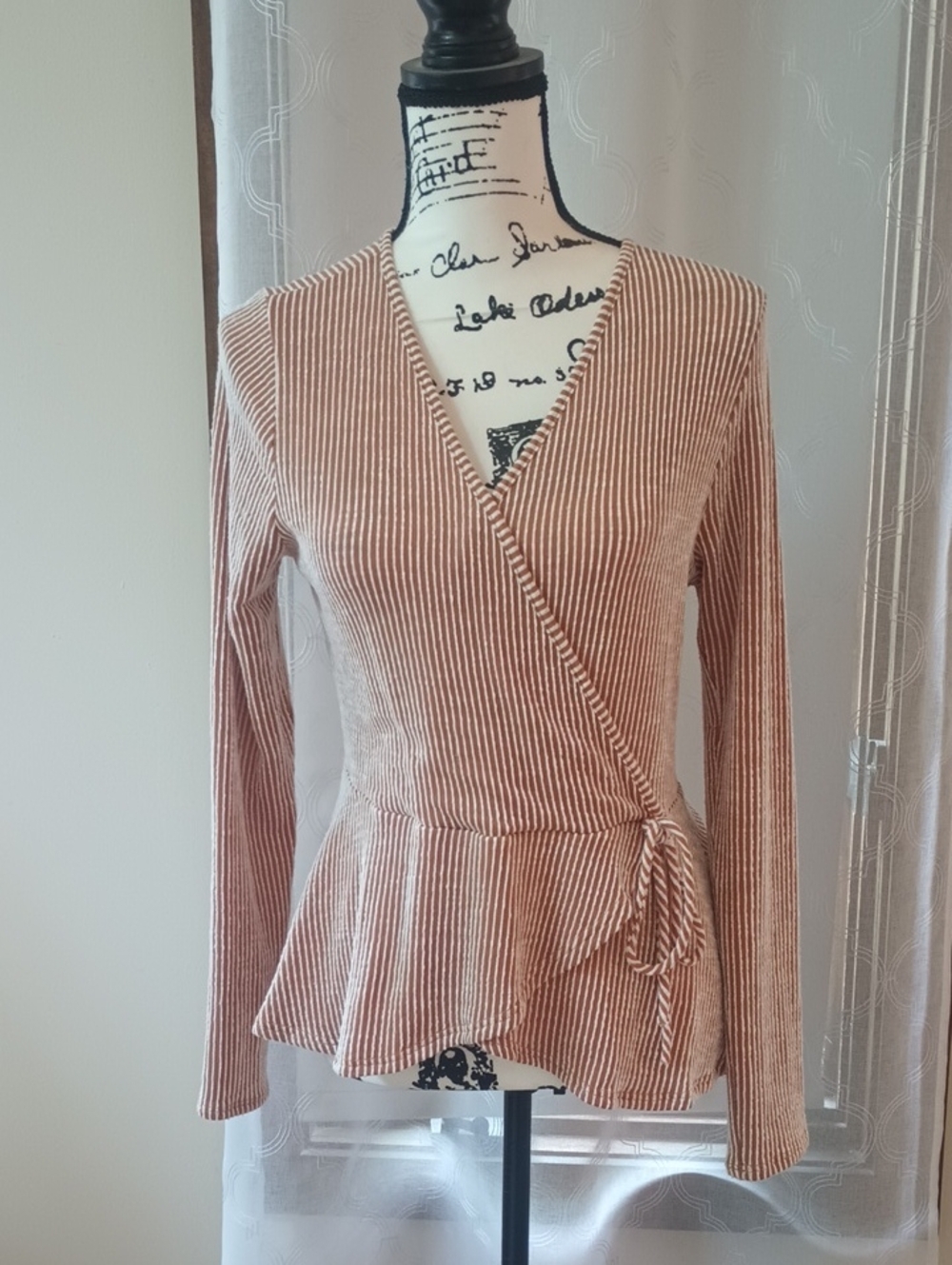 Caution To The Wind Women’s Striped Wrap Peplum Top - Rust/White